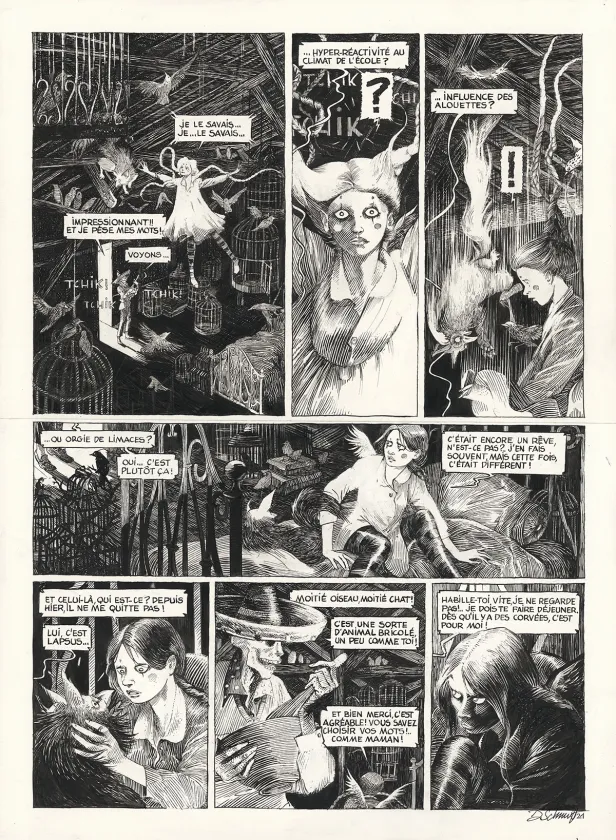 Black and white original page, Ornithomaniacs, Daria Schmitt