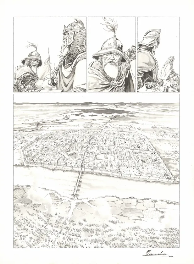 Black and white original page, Chroniques de Roncevaux, La Légende de Roland (T.1), Juan Luis Landa