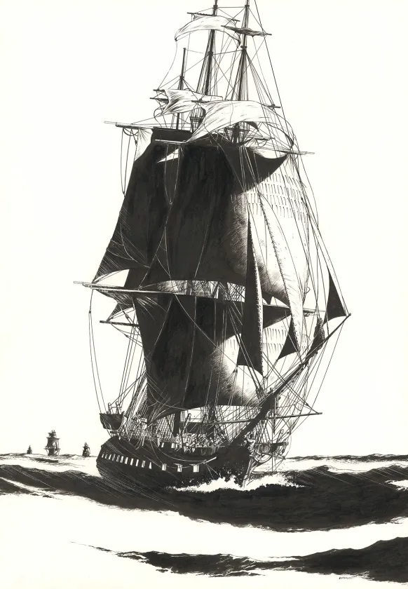 Black and white illustration, USS Constitution, Franck Bonnet
