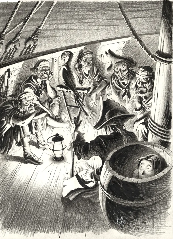 Illustration noir et blanc, L'Île au trésor,  Riff Reb's