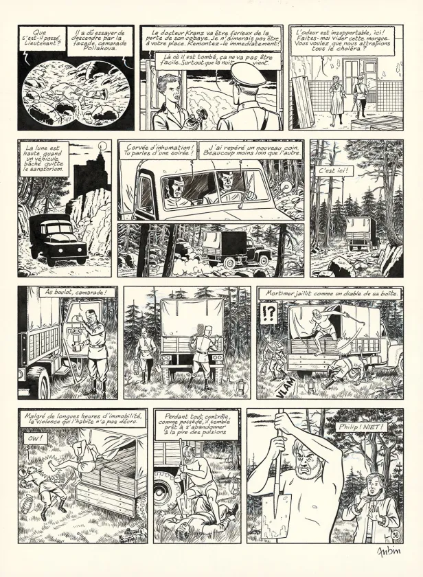 Planche noir et blanc, Blake et Mortimer, Huit heures à Berlin (T.29), Antoine Aubin