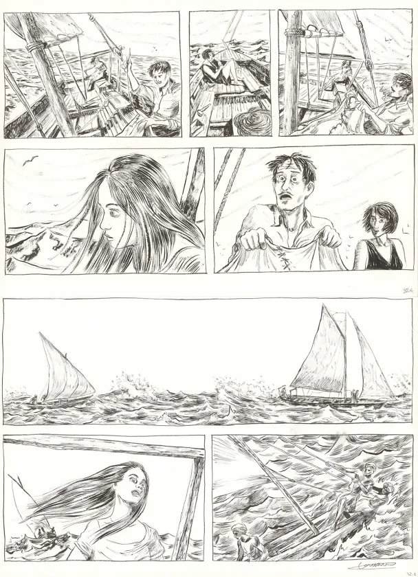 Black and white original page, Renée Stone (Une aventure de), Le Piège de la Mer Rouge (T.2), Clément Oubrerie