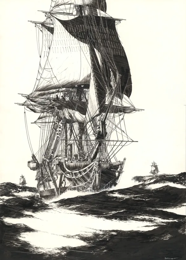 Black and white illustration, USS Constitution, Franck Bonnet