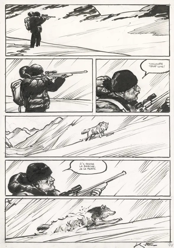 Planche noir et blanc, Le Loup, Jean-Marc Rochette