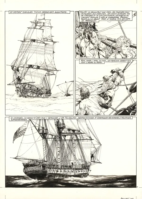 Black and white original page, USS Constitution, Livre I - La Justice à terre est souvent pire qu'en mer (T.1), Franck Bonnet