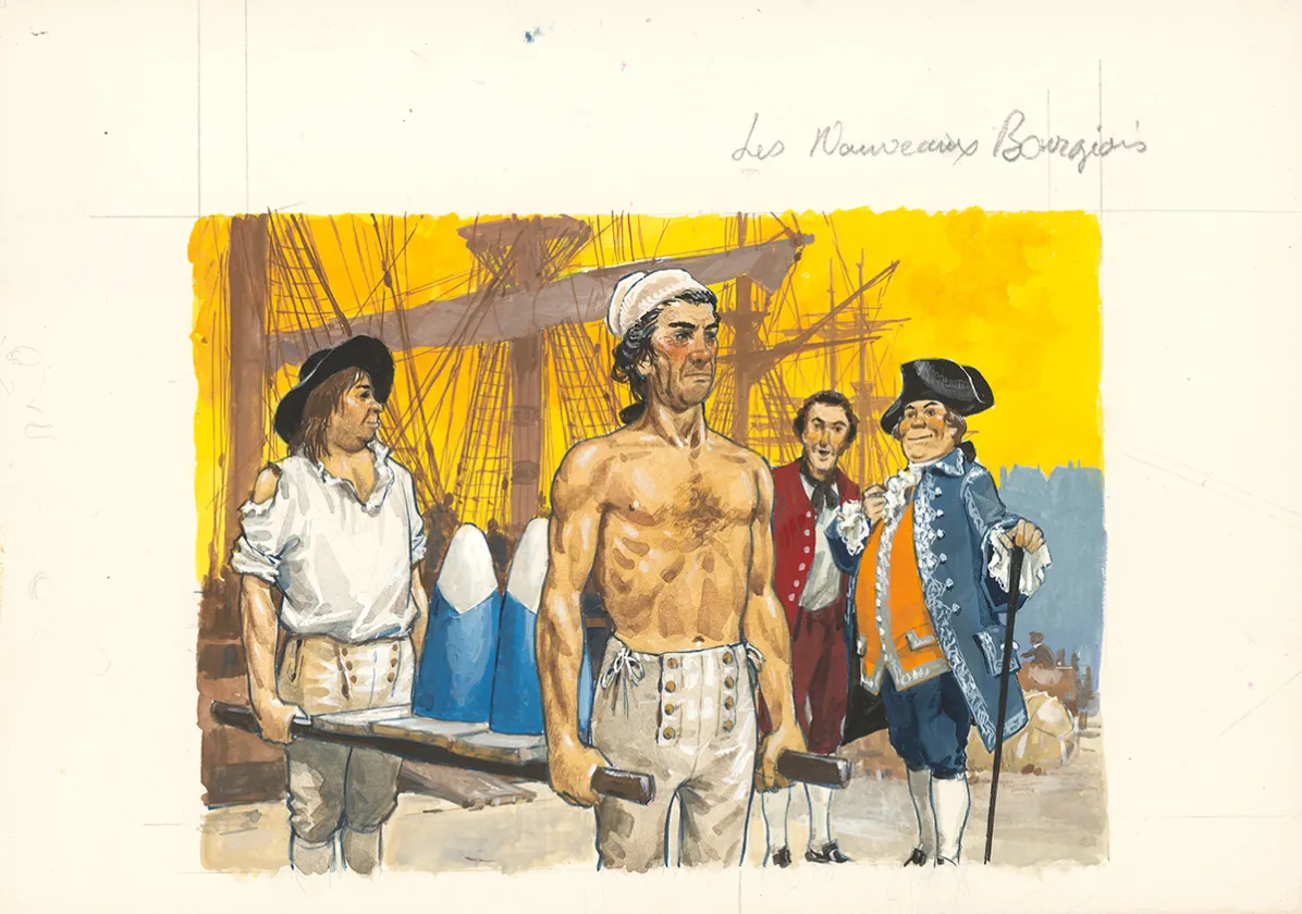 Colored illustration, La Vie privée des Hommes, Au temps de Louis XV et des guerres en dentelle... (T.24), Pierre Joubert