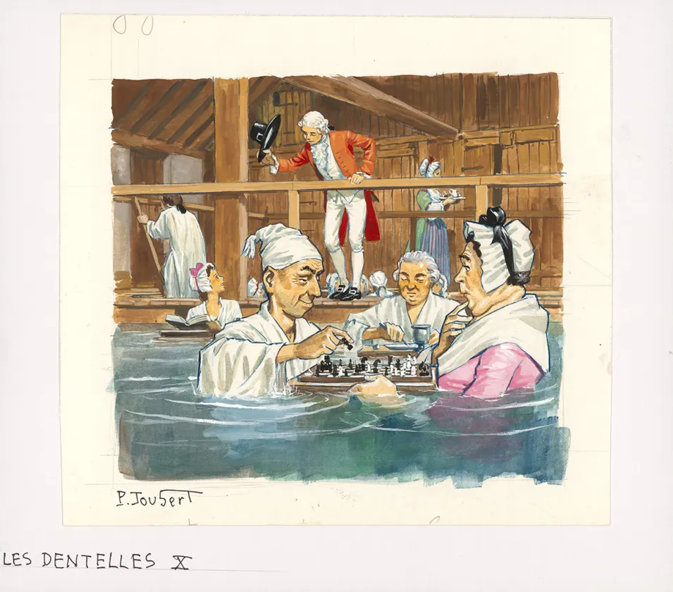 Illustration couleur, La Vie privée des Hommes, Au temps de Louis XV et des guerres en dentelle... (T.24), Pierre Joubert