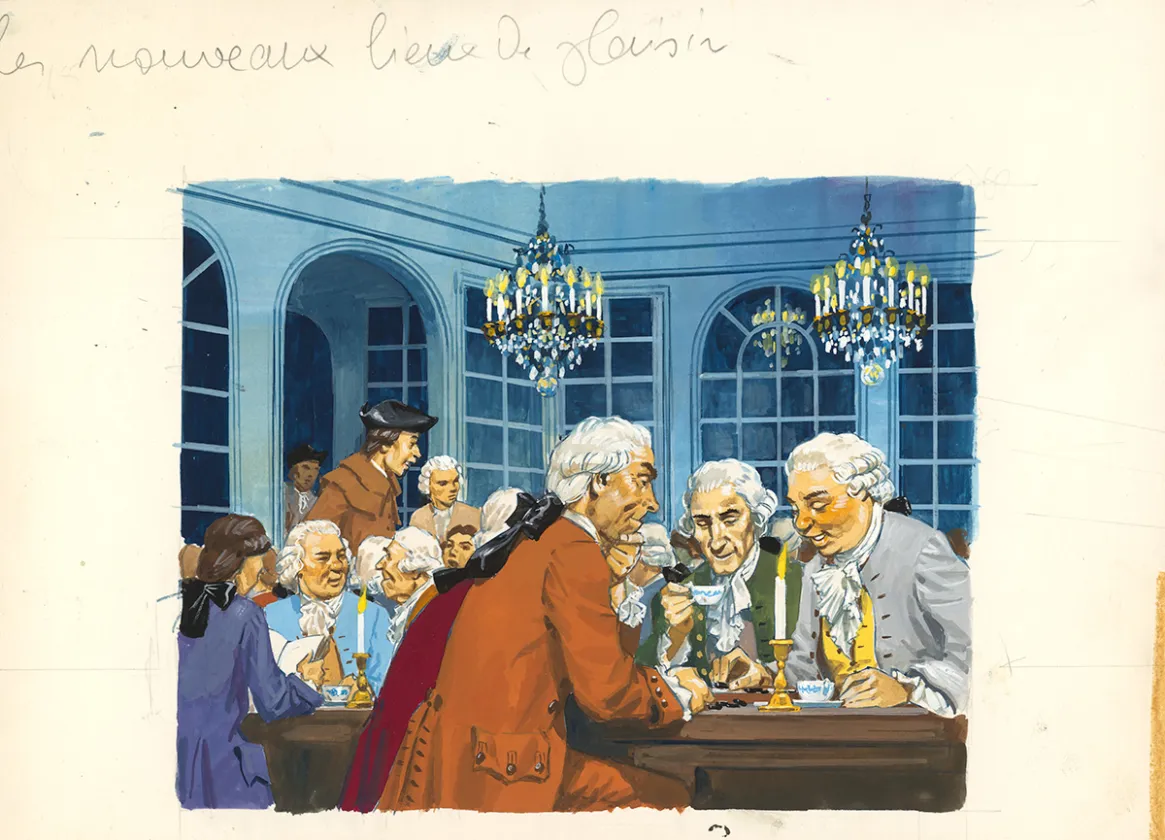 Illustration couleur, La Vie privée des Hommes, Au temps de Louis XV et des guerres en dentelle... (T.24), Pierre Joubert