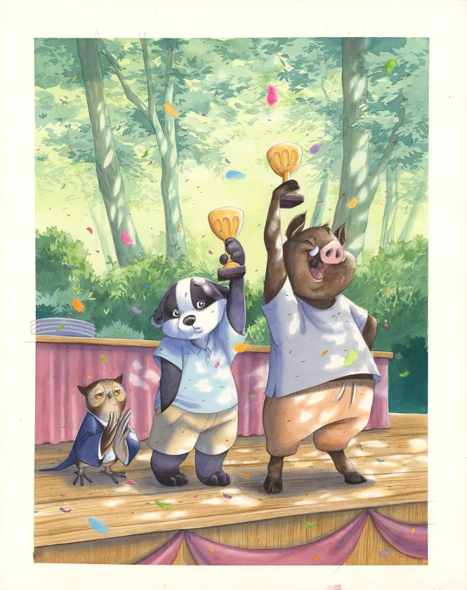 Colored illustration, Les Géniales inventions de Léonard le renard, Le Concours de tartes (T.2), Julie Mellan