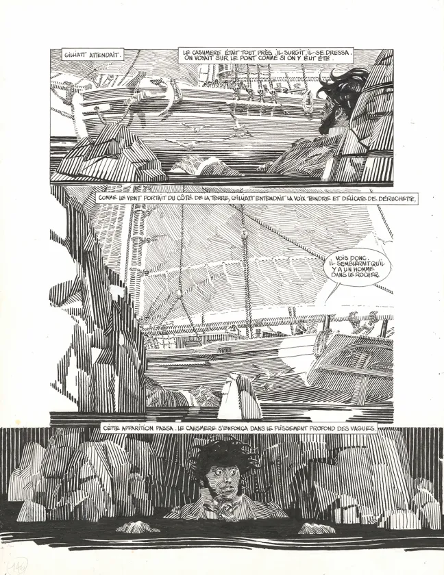 Black and white original page, Les Travailleurs de la mer, Michel Durand