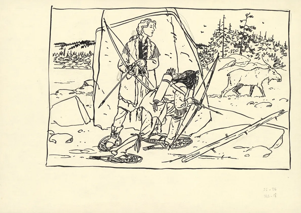 Illustration noir et blanc, Plume aux Vents, L'Oiseau-Tonnerre (T.2), André Juillard